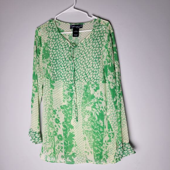 Susan Graver Green and Cream Floral Blouse XL Pullover Artsy Cottagecore Flowy - Picture 11 of 11